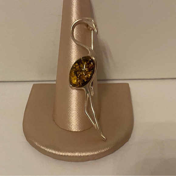 BROOCH PIN FLAMINGO BIRD STERLING SILVER 925 AMBER YELLOW STONE - Picture 3 of 8